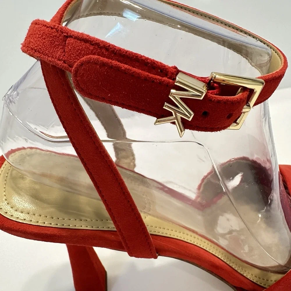 Michael Kors Cara Sandal Heels Suede Leather‎ Bright Red Women's Sz 9.5M Strappy